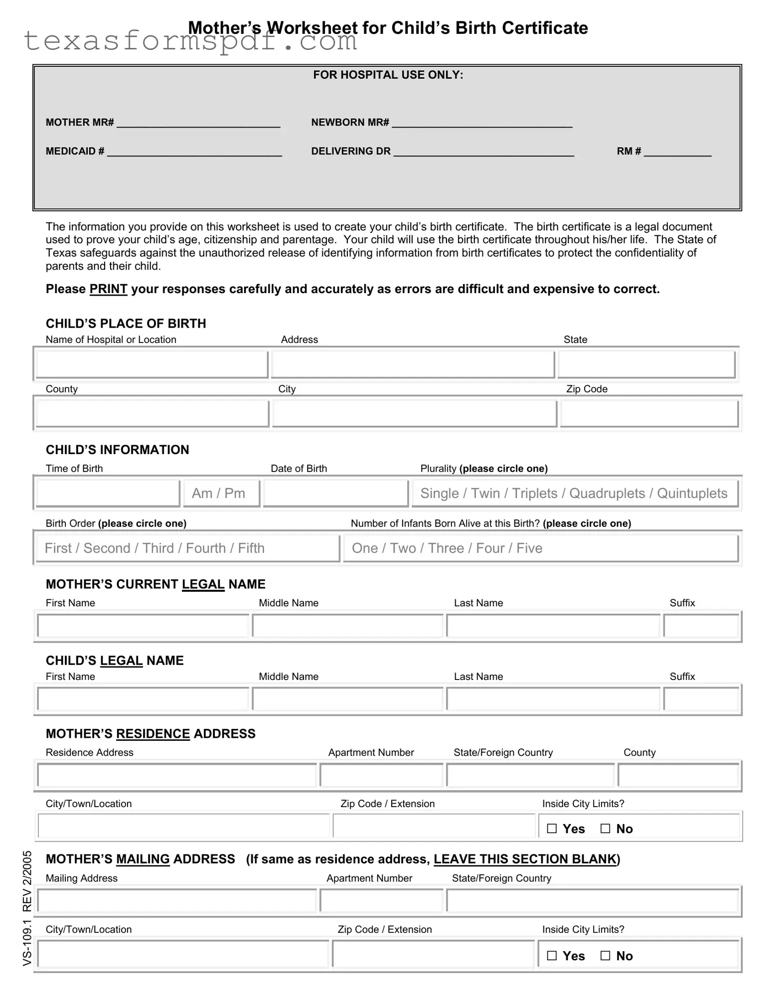 Child Birth Certificate Texas Form in PDF