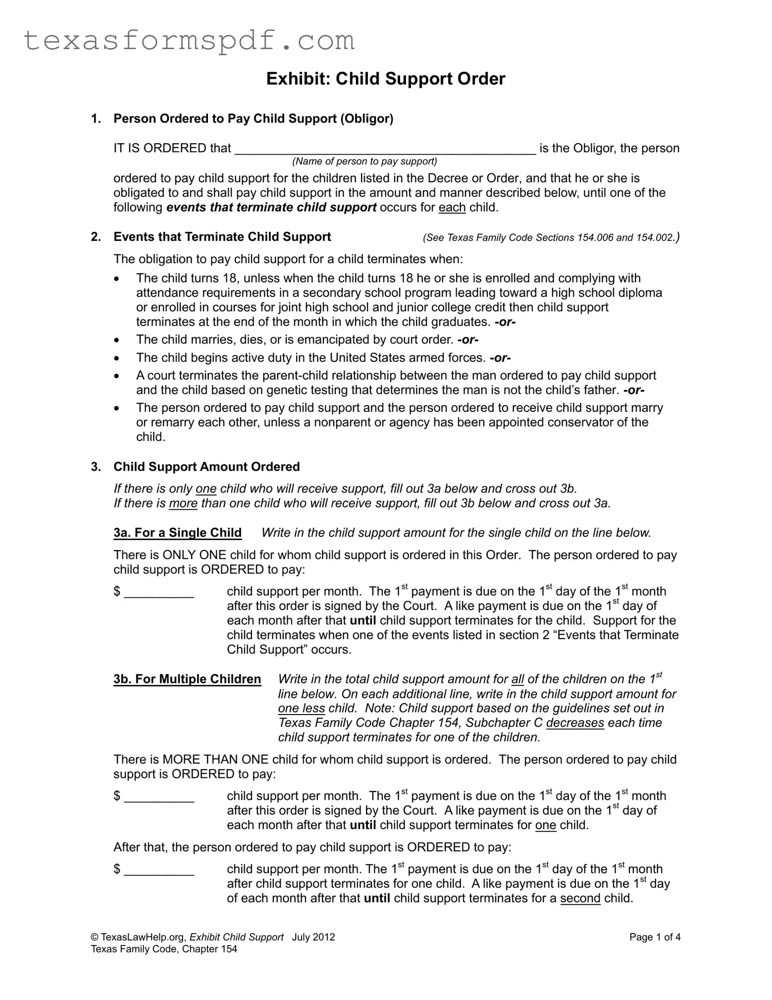 Child Support Texas Form in PDF