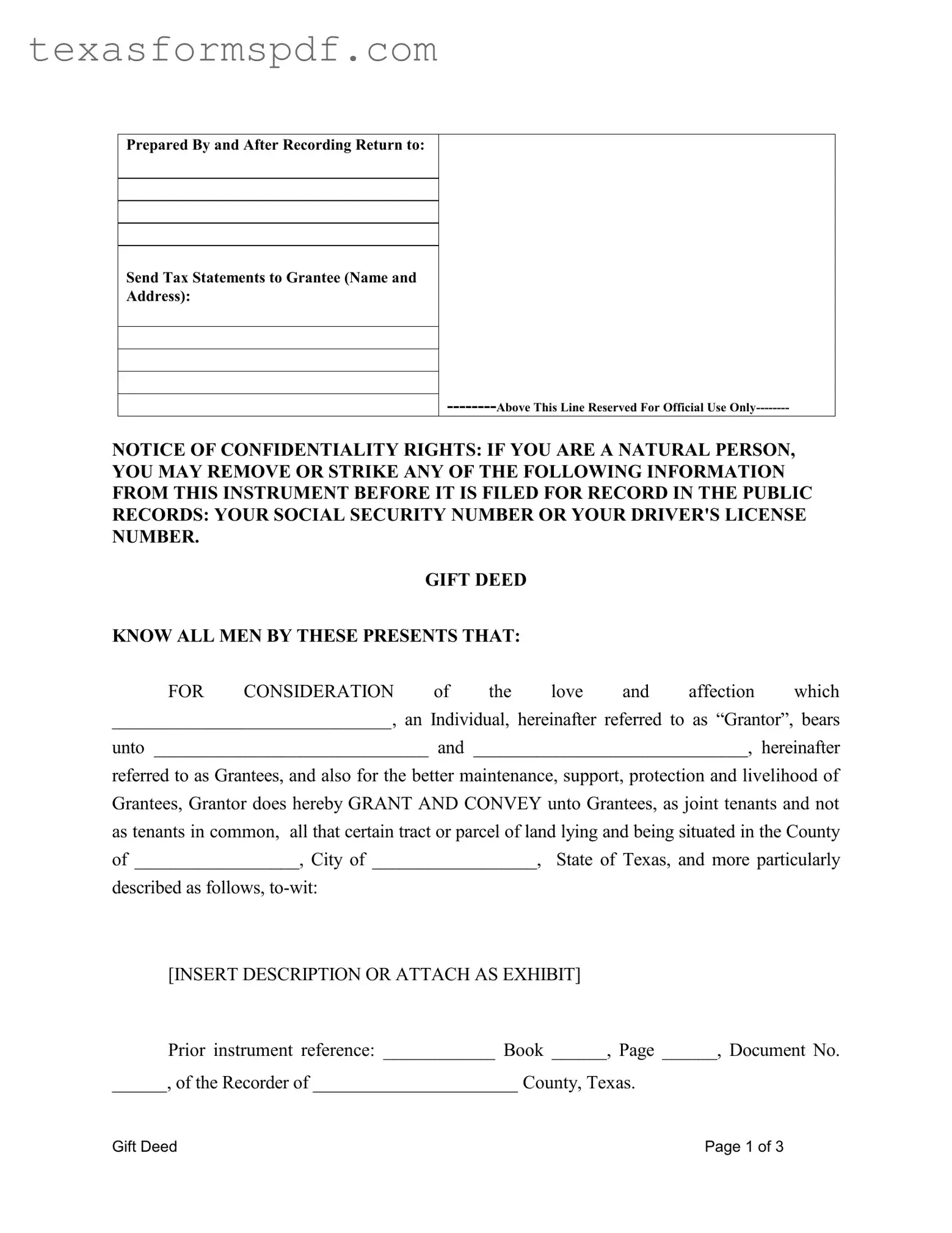 Gift Deed Texas Form in PDF