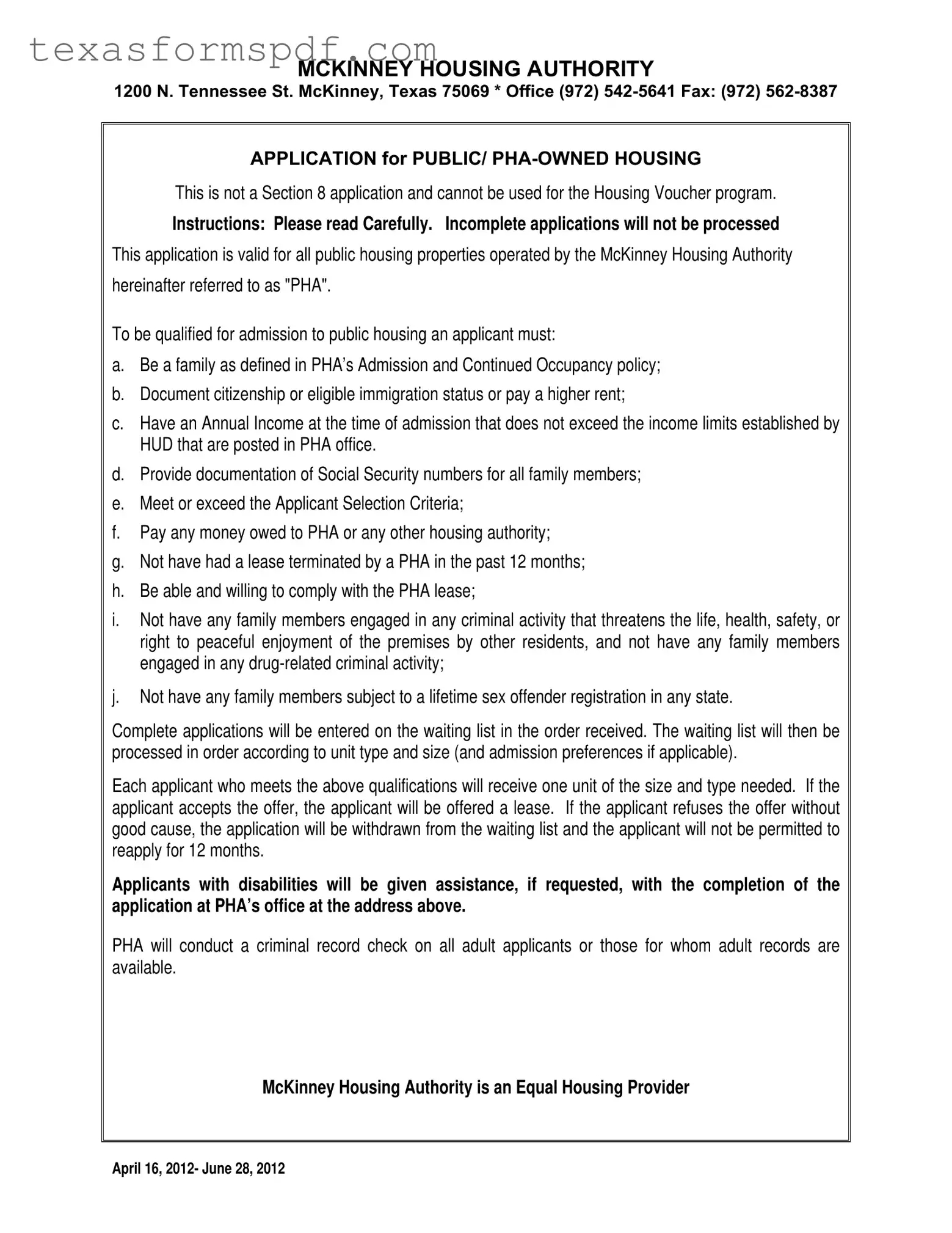 Housing Authority Of Mckinney Texas Form in PDF