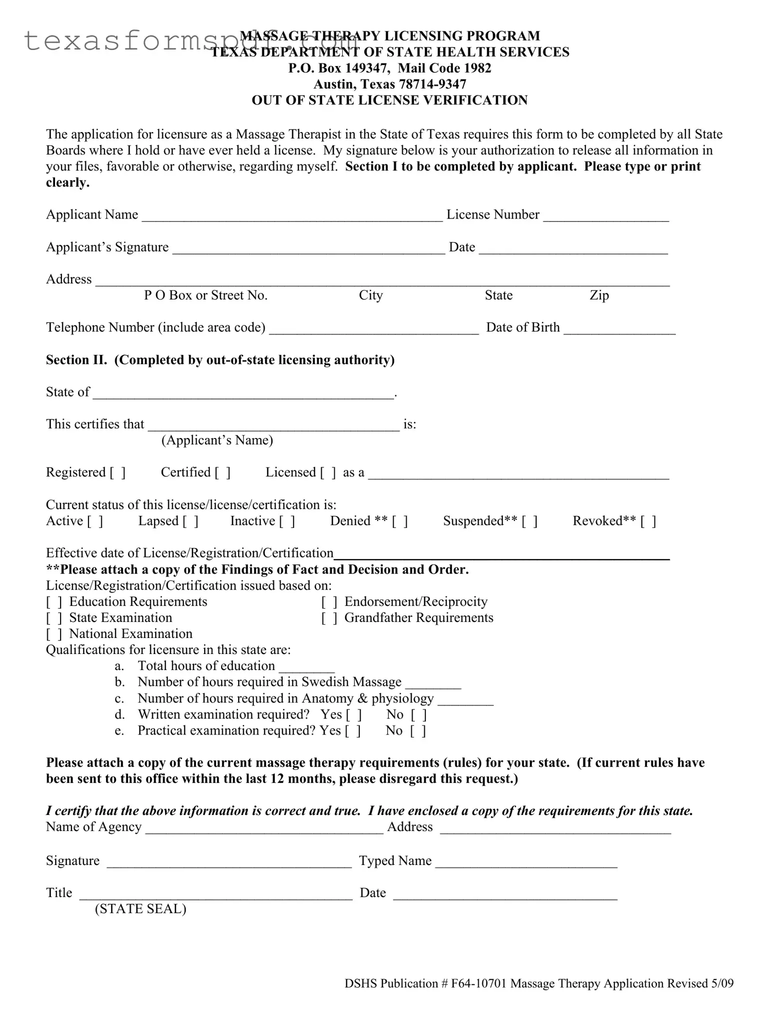 Massage License Texas Lookup Form in PDF