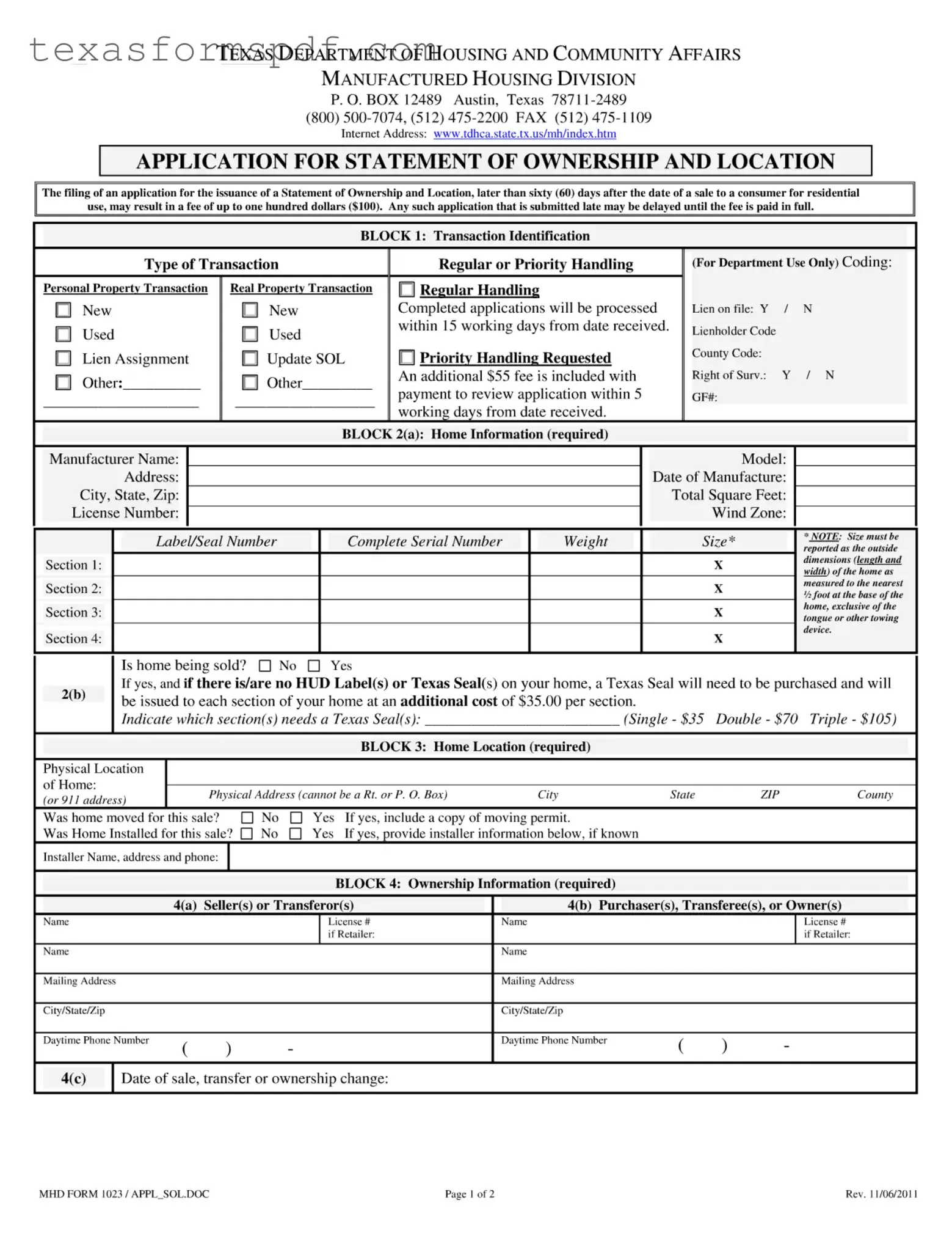 Mhd 1023 Texas Form in PDF