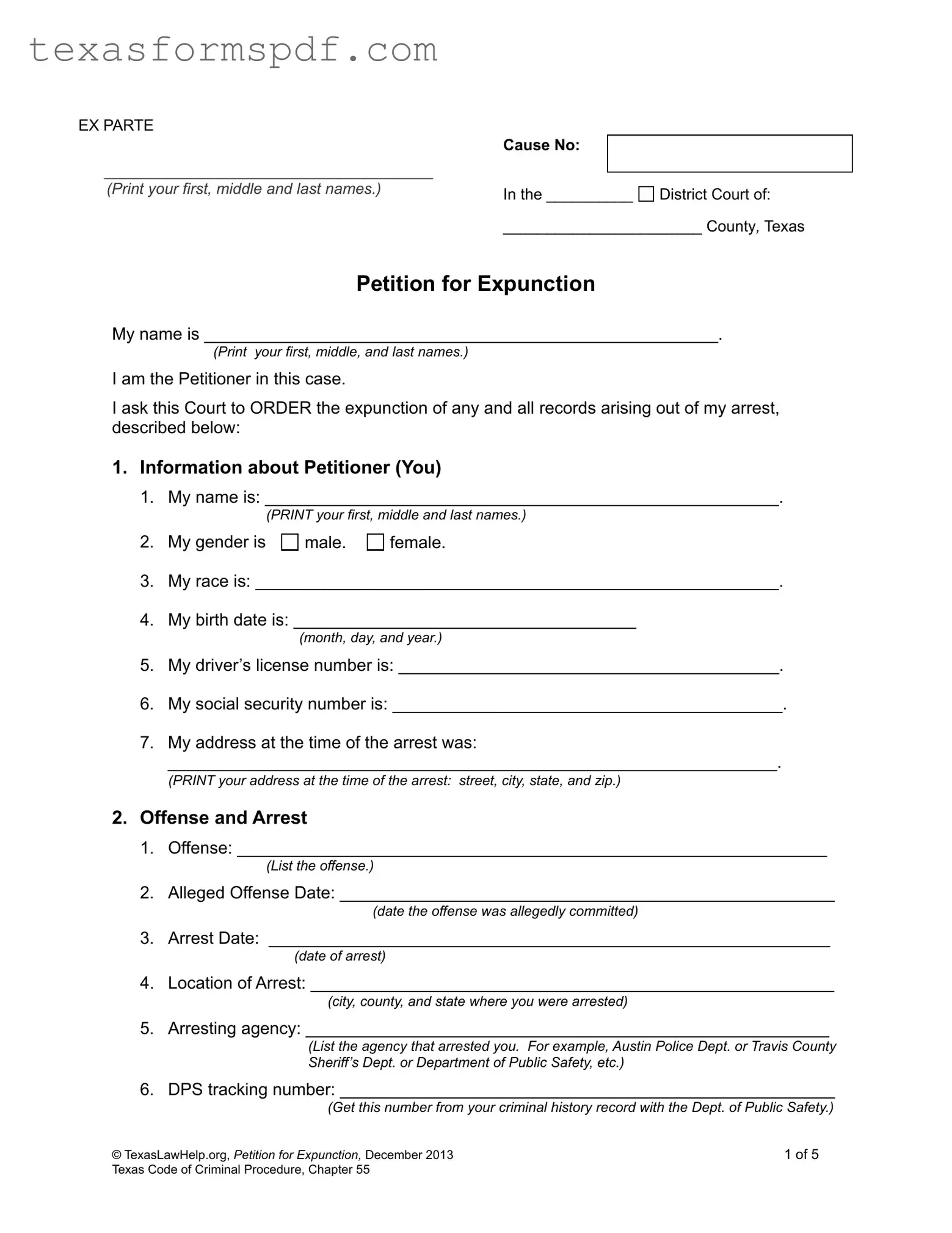 Petition Expunction Texas Form in PDF
