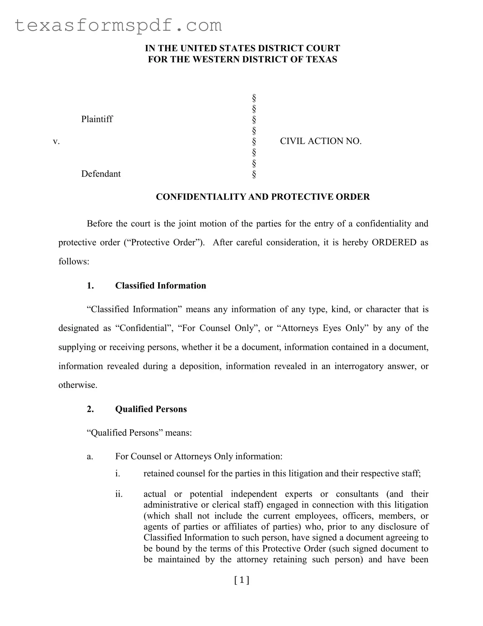 Protective Order Western District Of Texas Form in PDF