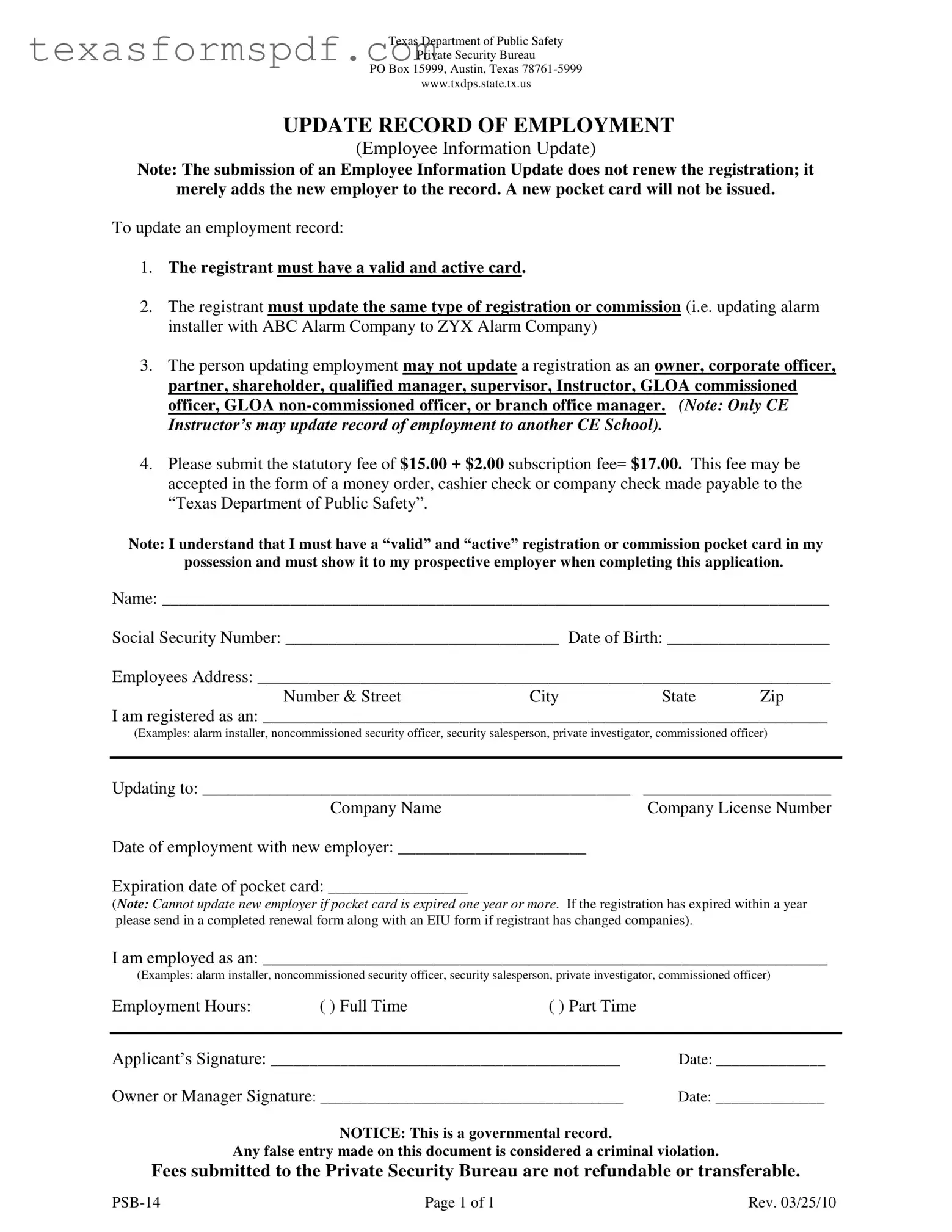 Psb 14 Texas Form in PDF