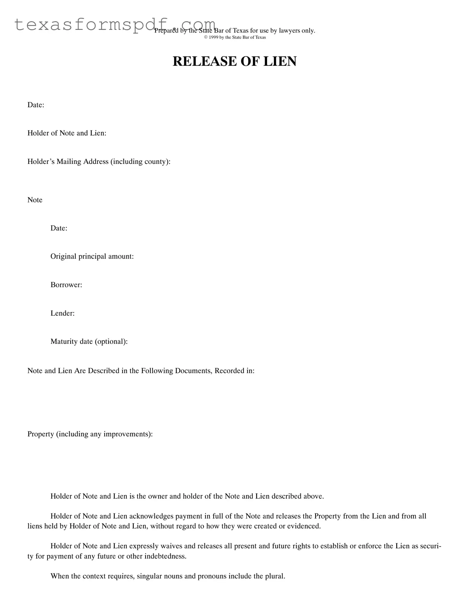 Release Of Lien Texas Form in PDF