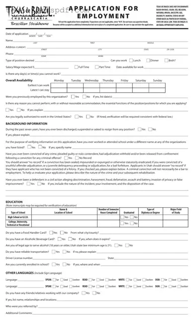 Application For Texas De Brazil Form in PDF