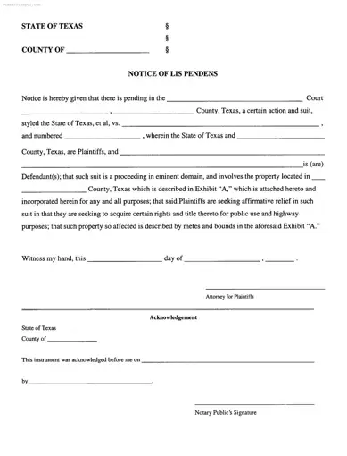 Lis Pendens Texas Form in PDF