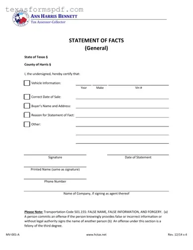 Statement Of Fact Texas Form in PDF