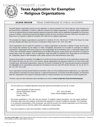Texas Application Exemption Form in PDF