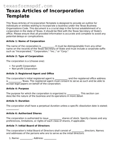 Legal Articles of Incorporation Document for the State of Texas