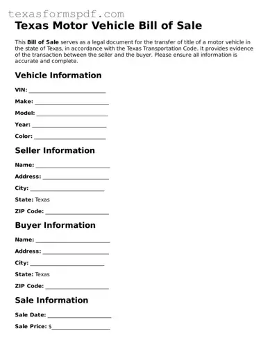 Legal Motor Vehicle Bill of Sale Document for the State of Texas