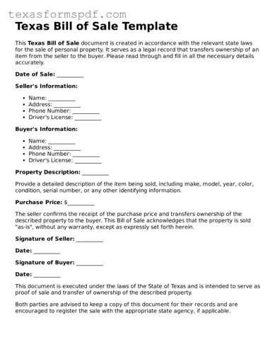 Legal Bill of Sale Document for the State of Texas