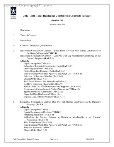 Texas Builders Association Fixed Cost Form in PDF