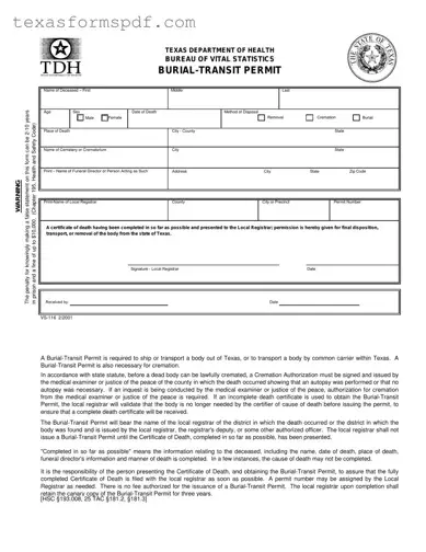 Texas Burial Transit Permit Form in PDF