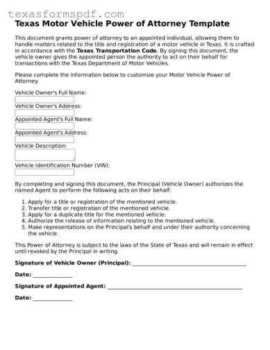 Legal Motor Vehicle Power of Attorney Document for the State of Texas