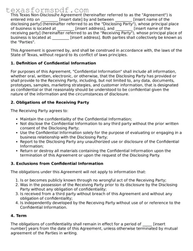 Legal Non-disclosure Agreement Document for the State of Texas