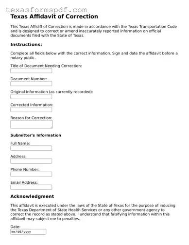 Legal Affidavit of Correction Document for the State of Texas
