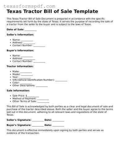 Legal Tractor Bill of Sale Document for the State of Texas