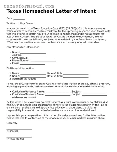Legal Homeschool Letter of Intent Document for the State of Texas