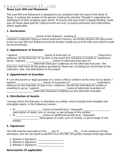Legal Last Will and Testament Document for the State of Texas