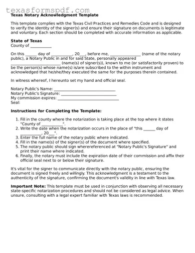 Legal Notary Acknowledgement Document for the State of Texas
