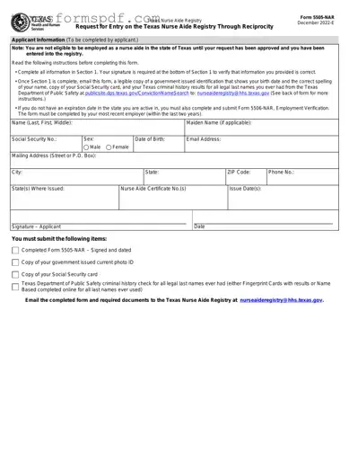 Texas Nurse Aide Registry 5505-NAR Form in PDF