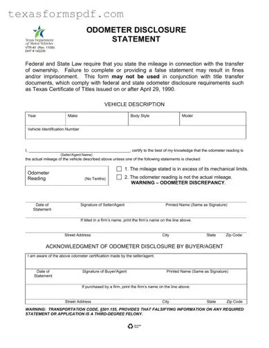 Texas Odometer Statement Form in PDF