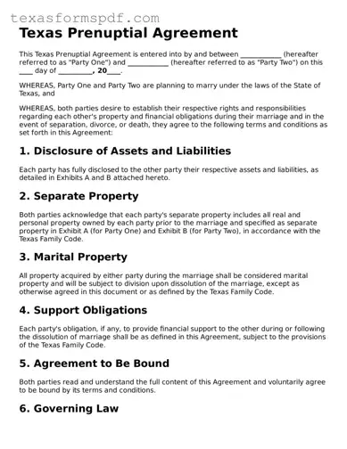 Legal Prenuptial Agreement Document for the State of Texas