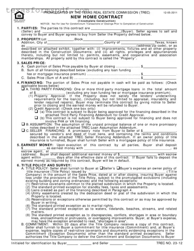 Texas Real Estate Sales Contract Form in PDF
