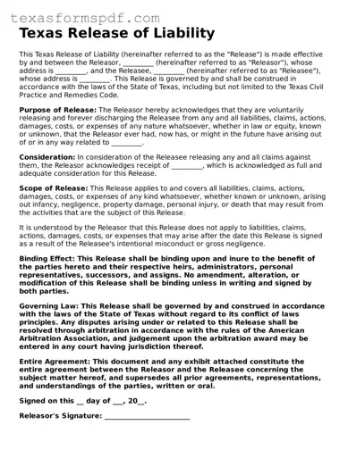 Legal Release of Liability Document for the State of Texas