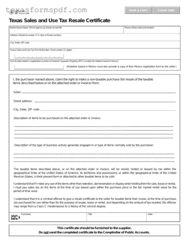 Texas Resale Certificate 01 339 Form in PDF
