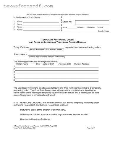 Texas Temporary Restraining Order Form in PDF