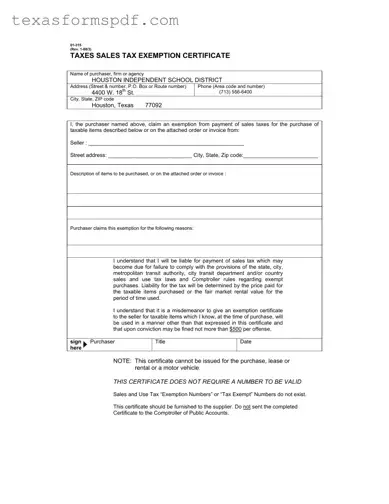 Texas Sales Tax Exemption Certificate Form in PDF