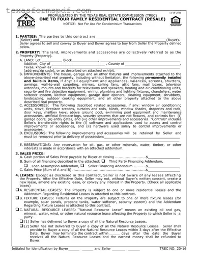 Texas Trec Residential Contract Form in PDF
