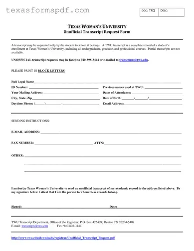 Texas Unofficial Transcript Form in PDF