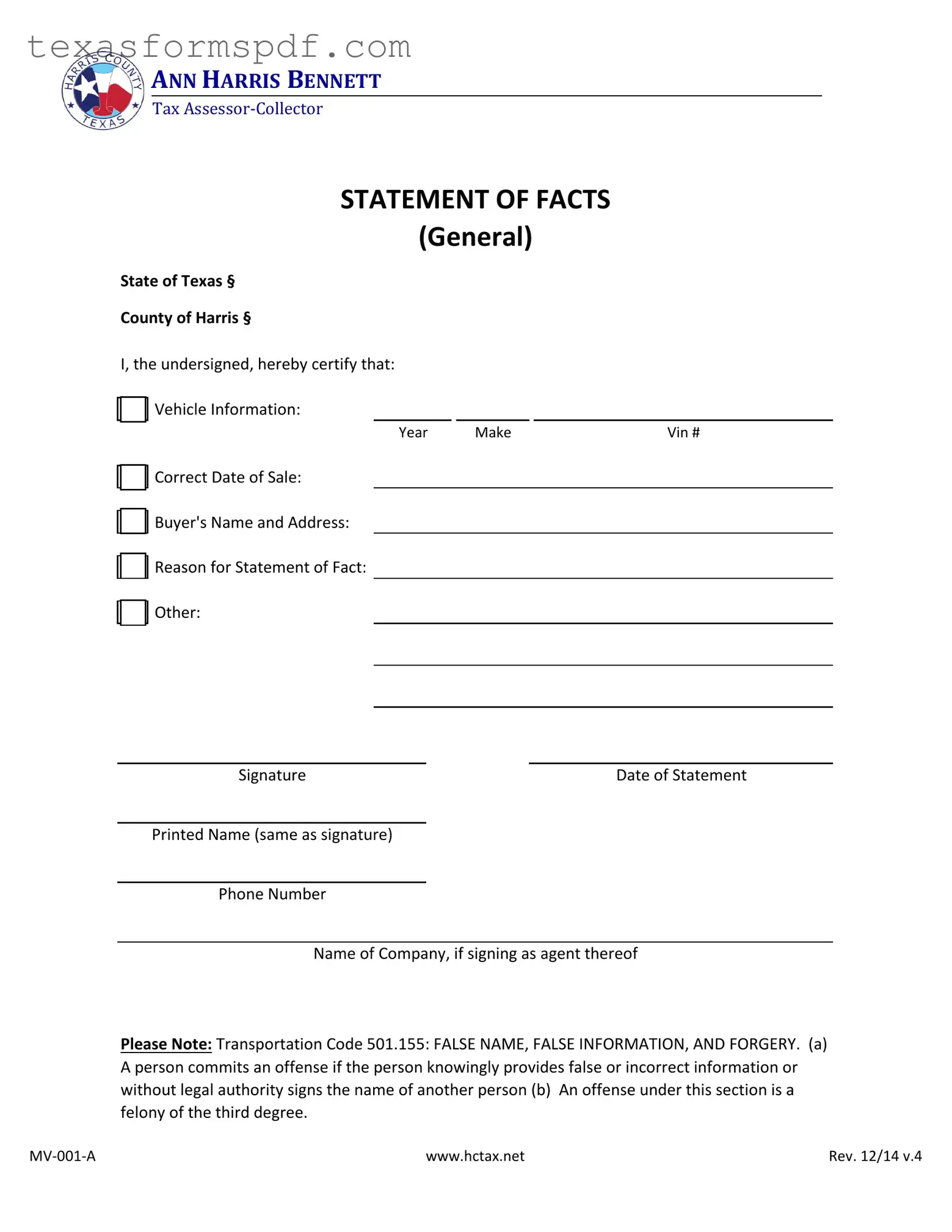 Statement Of Fact Texas Form in PDF