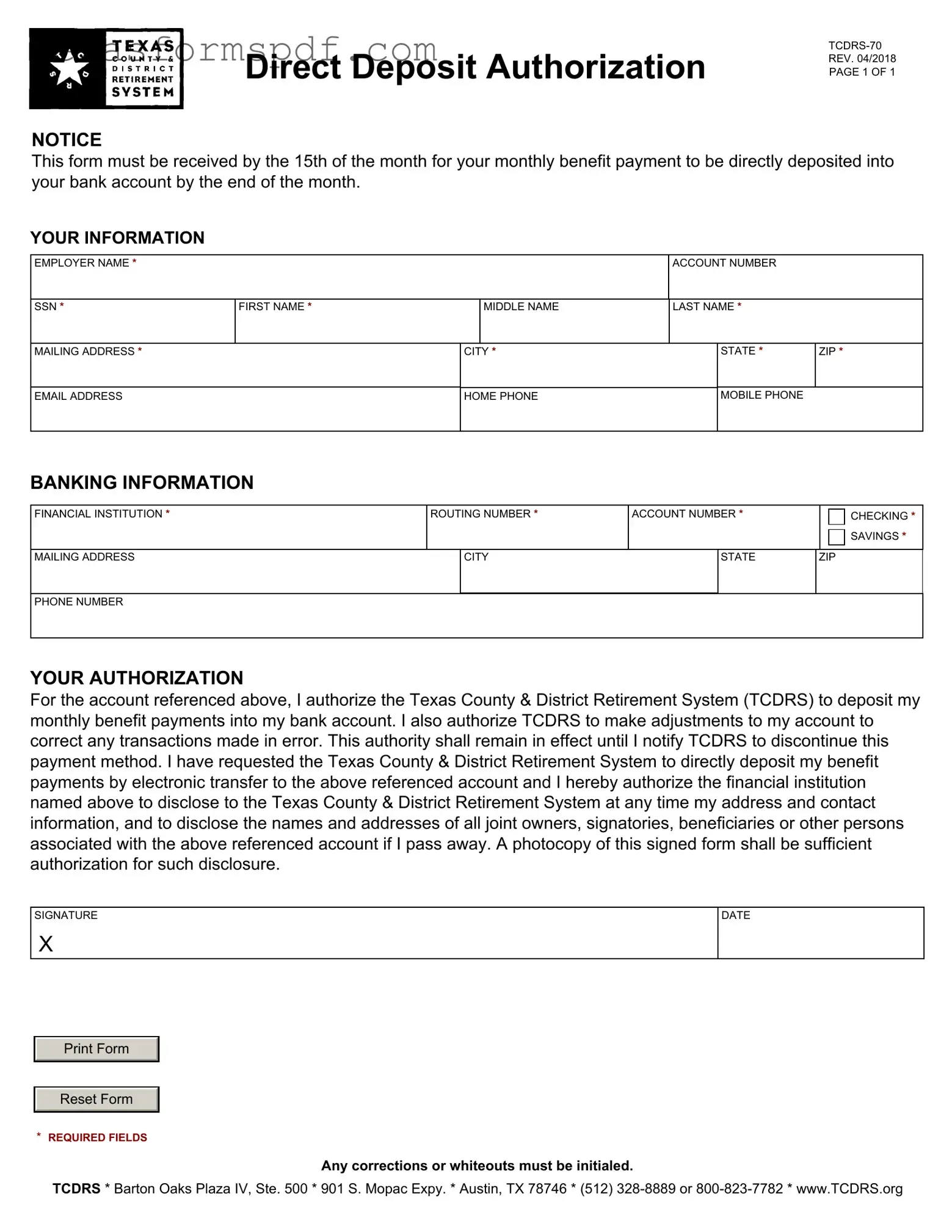 Tcdrs 70 Texas Form in PDF