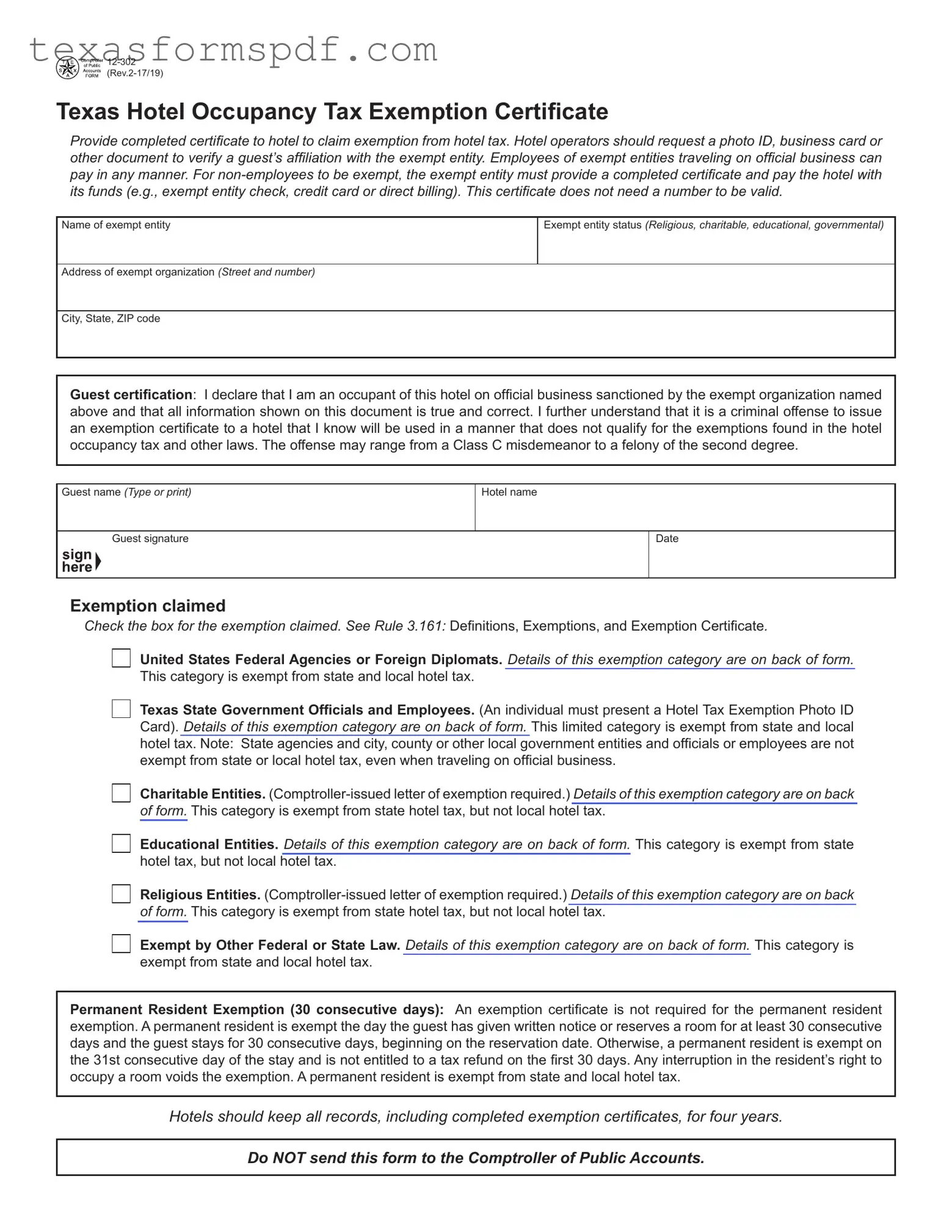 Texas 12 302 Form in PDF
