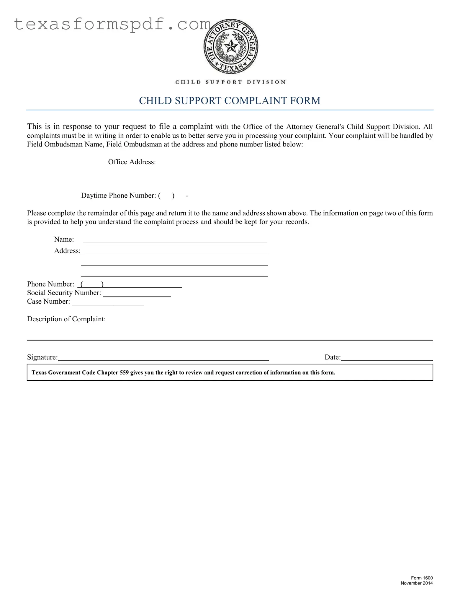 Texas 1600 Form in PDF