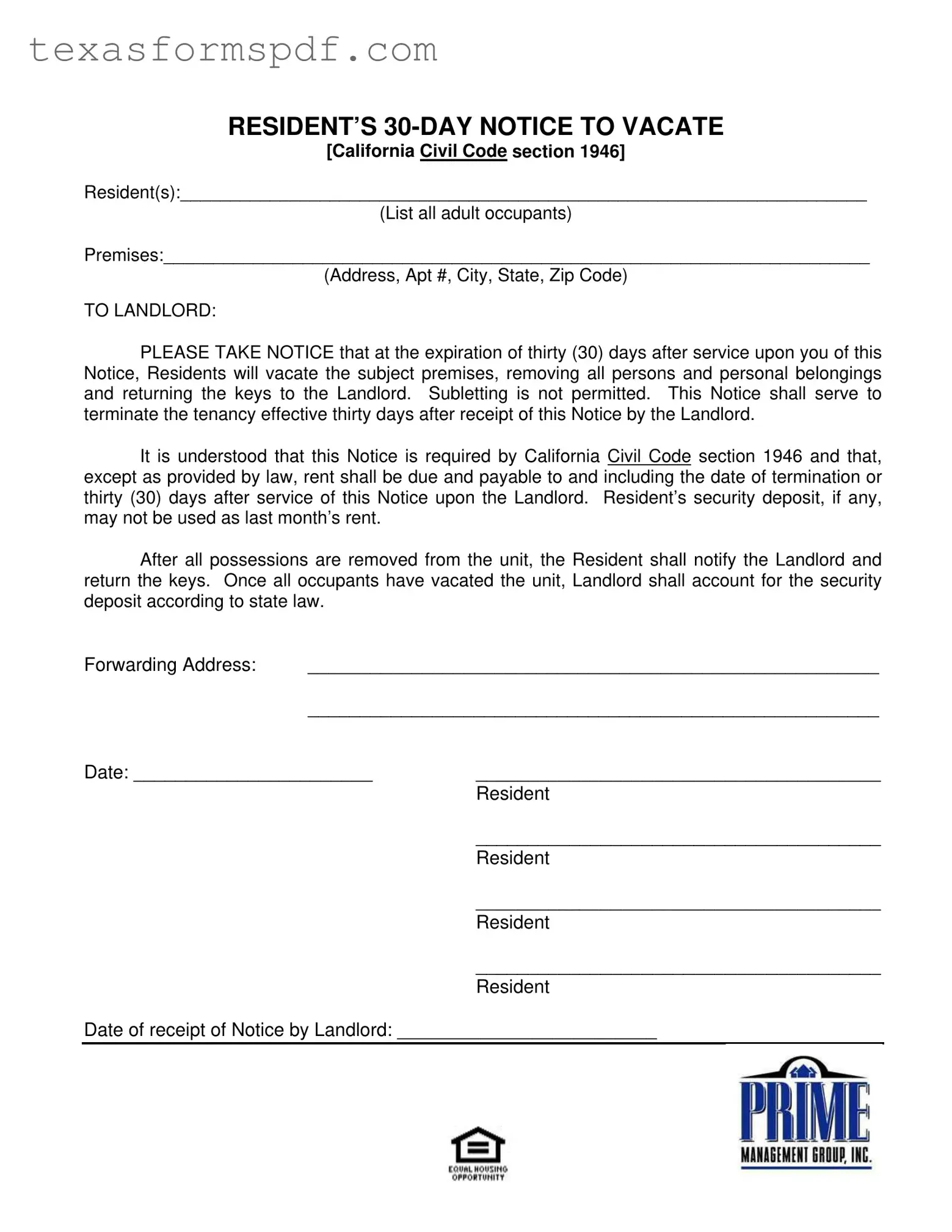 Texas 30 Day Notice To Vacate Form in PDF