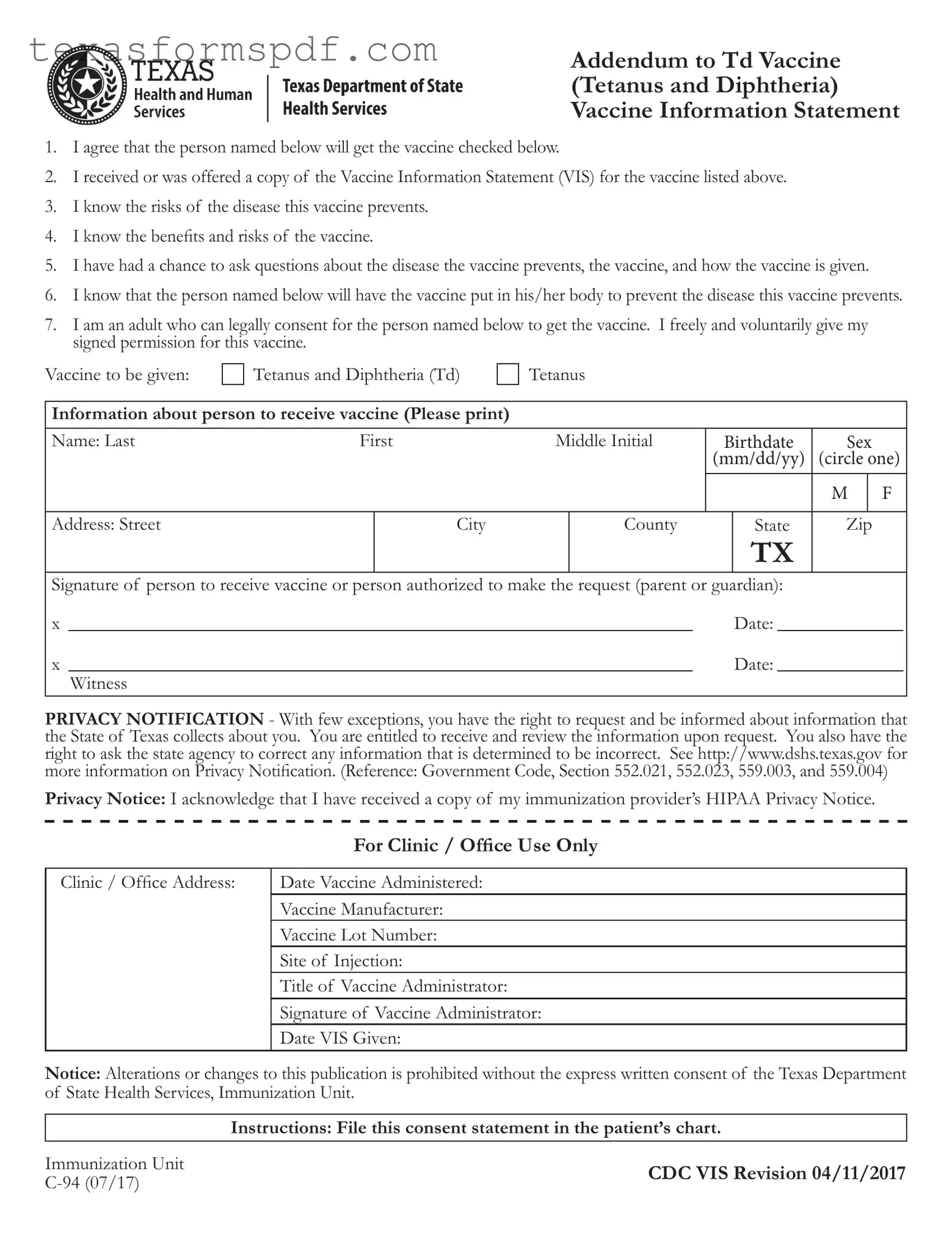 Texas Addendum To Tdap Vaccine Form in PDF