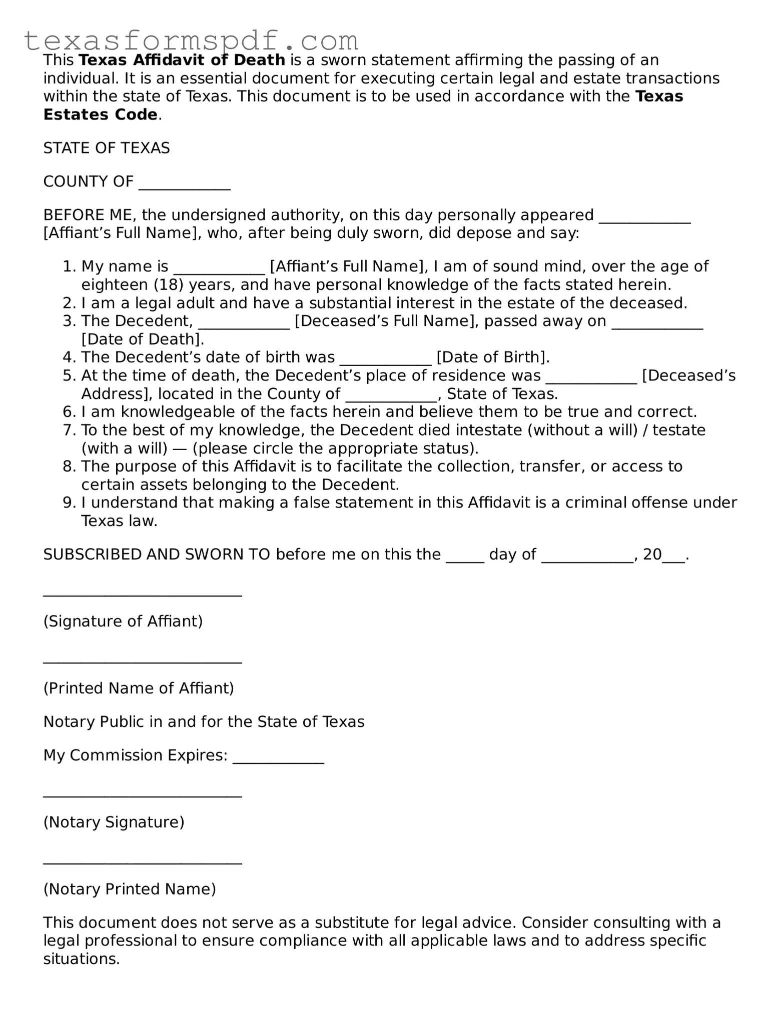Legal Affidavit of Death Document for the State of Texas
