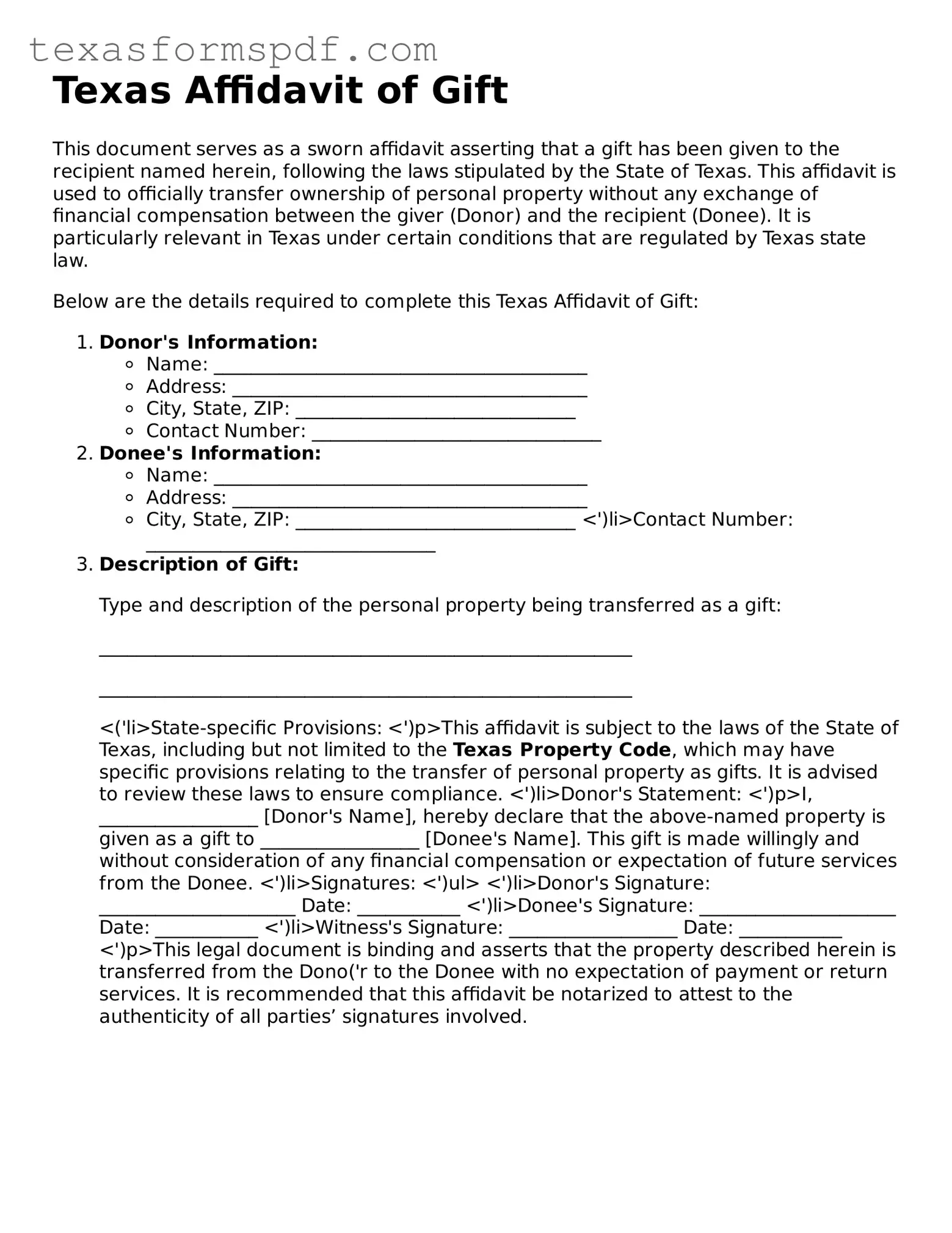 Legal Affidavit of Gift Document for the State of Texas