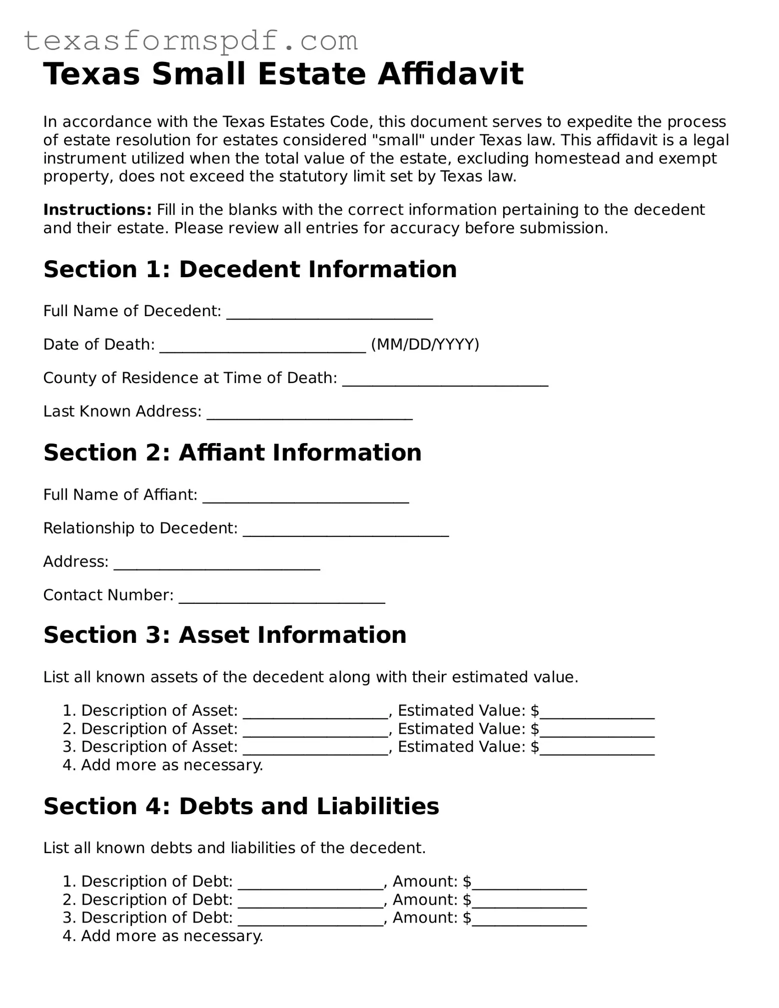 Legal Small Estate Affidavit Document for the State of Texas