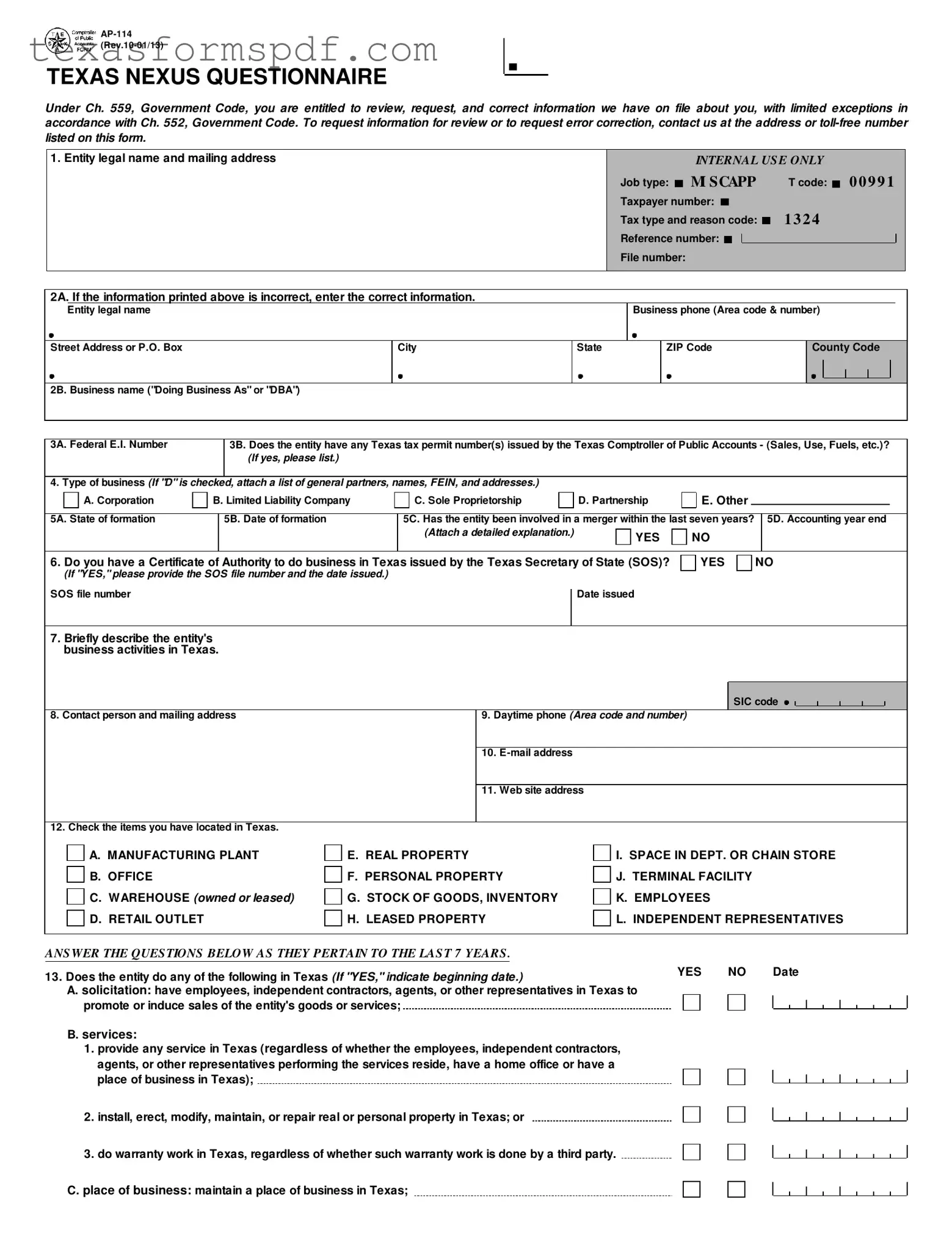 Texas Ap 114 Form in PDF