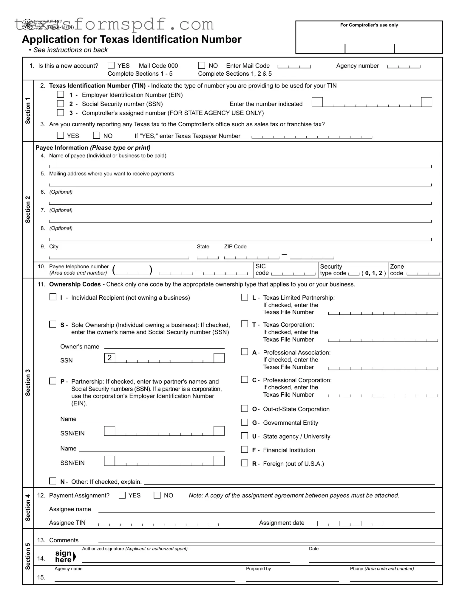 Texas Ap 152 Form in PDF