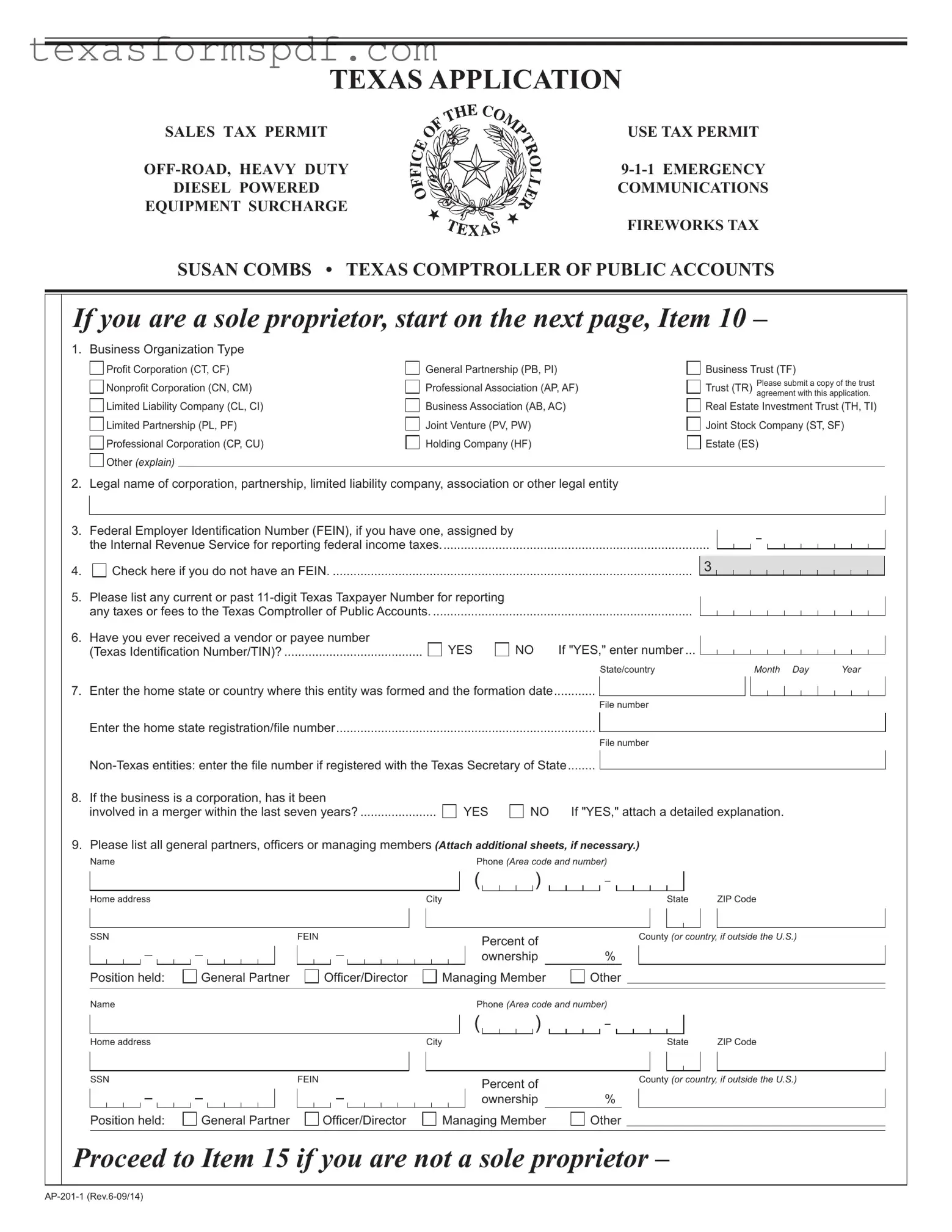 Texas Ap 201 Form in PDF