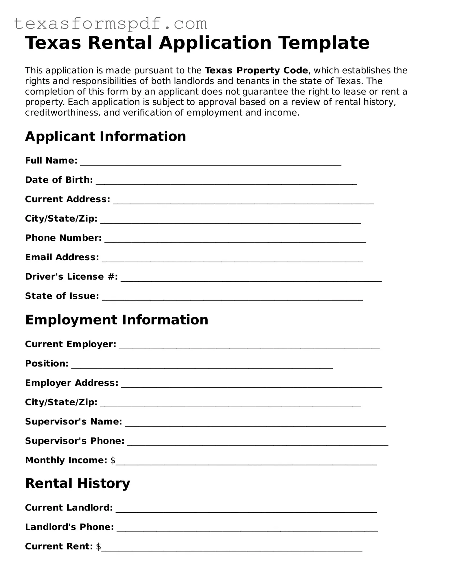 Legal Rental Application Document for the State of Texas