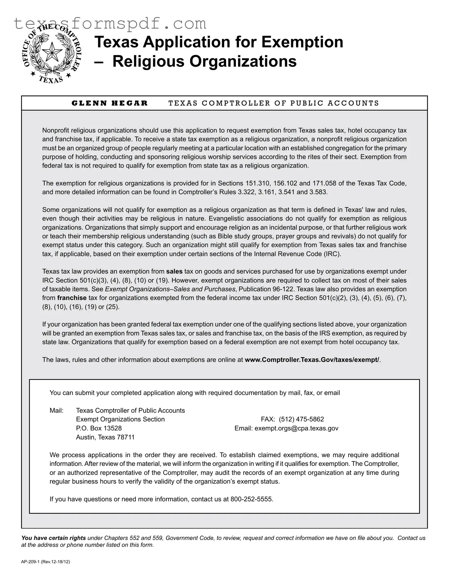 Texas Application Exemption Form in PDF
